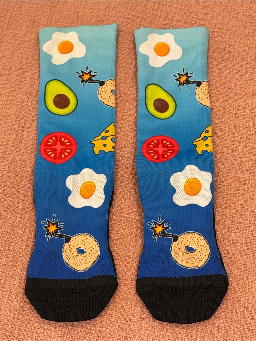 Blue Breakfast Print Casual Crew Socks - Fun Food Graphics